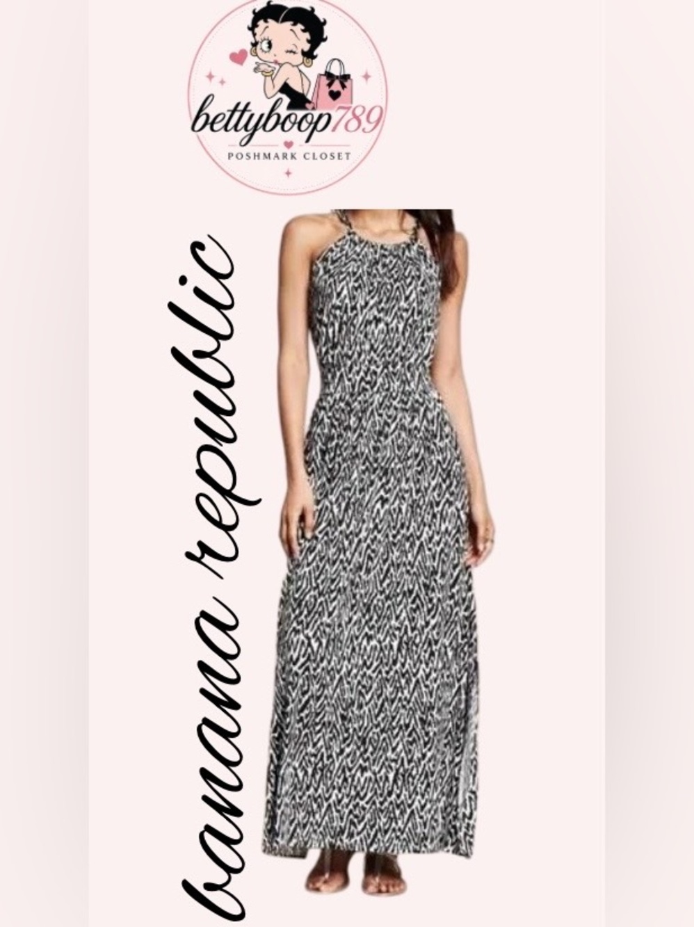 Banana Republic Black & White Printed Halter Maxi Dress